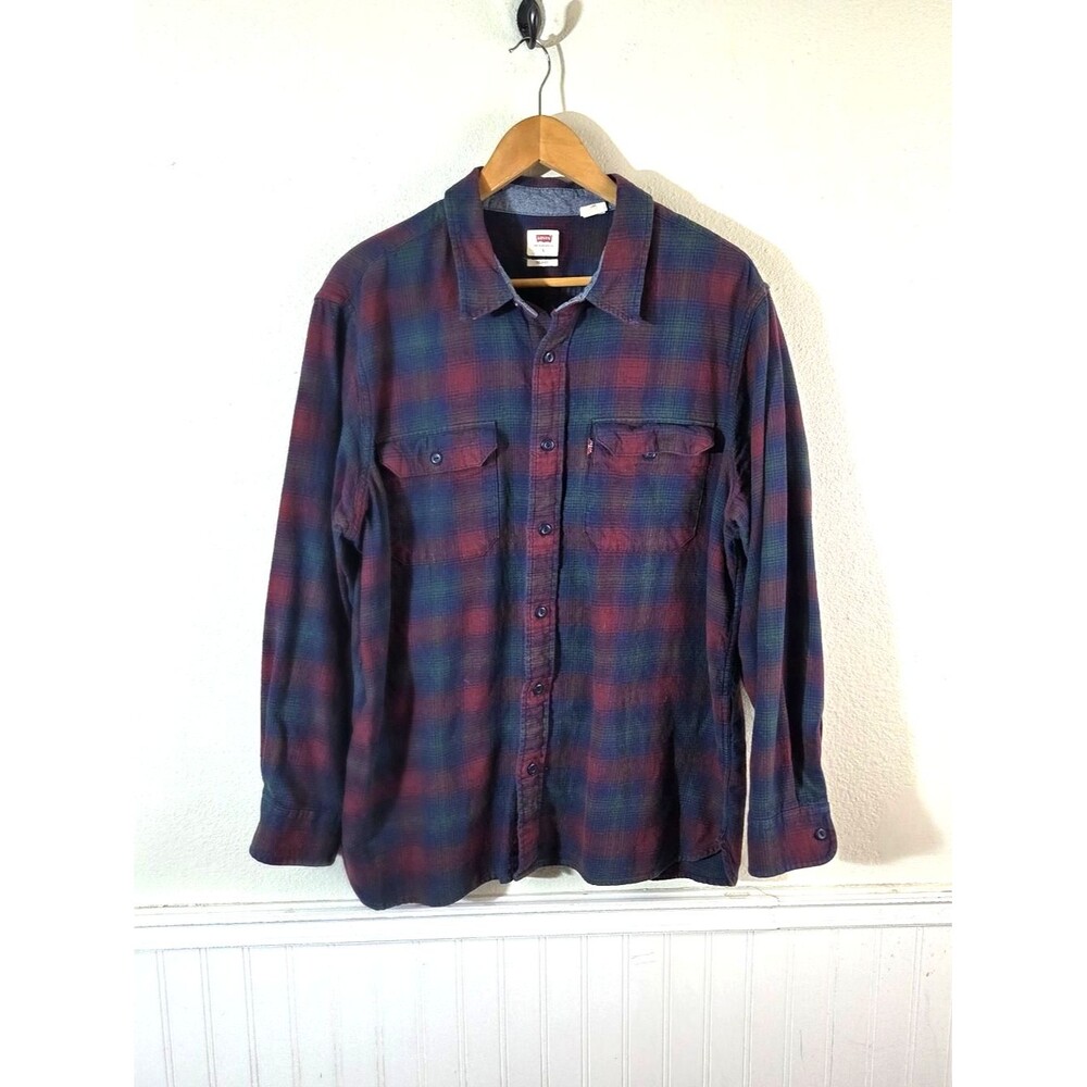 Levis Mens Large Relaxed Plaid Flannel Shirt Red Blue Button Front Long Sleeve